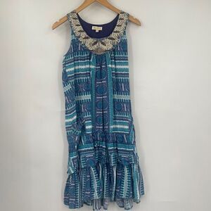 Monsoon Womens Blue Sleeveless Geometric Ruffled Dress Embellished Sequins Small